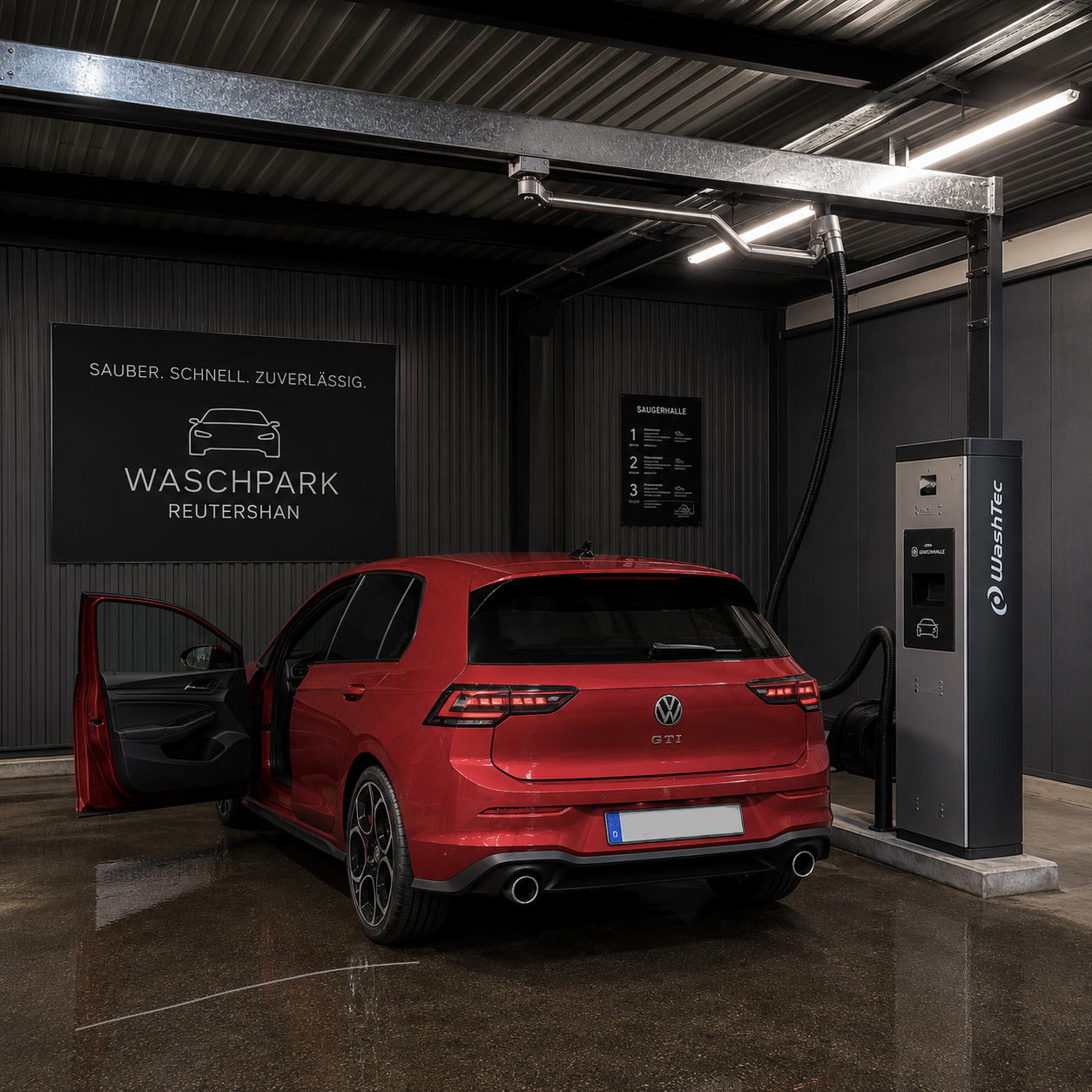 Rotes Auto in der modernen Saugerhalle des Waschparks Reutershan.